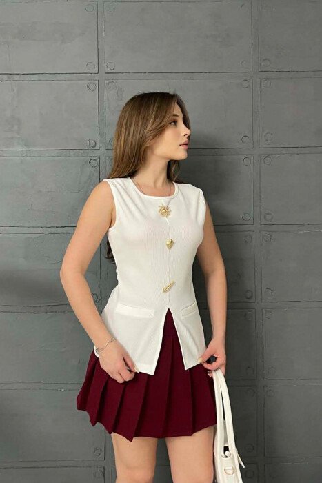 ONE COLOR GOLD BUTTONS DETAILS WOMEN TANK TOP WHITE-E BARDHE - 2