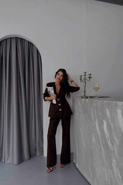 ONE COLOR GOLD BUTTONS JACKET+TROUSERS WOMEN SET BROWN/KAFE 