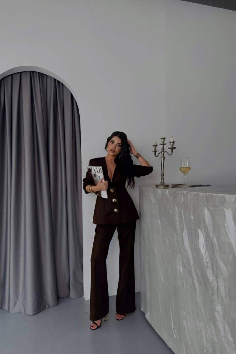 ONE COLOR GOLD BUTTONS JACKET+TROUSERS WOMEN SET BROWN/KAFE - 1