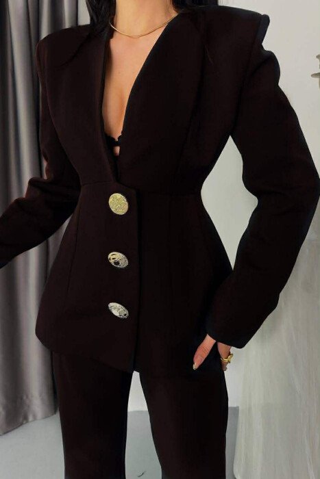 ONE COLOR GOLD BUTTONS JACKET+TROUSERS WOMEN SET BROWN/KAFE - 2