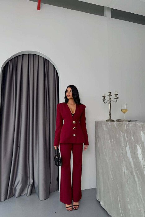 ONE COLOR GOLD BUTTONS JACKET+TROUSERS WOMEN SET BURGUNDY/VISHNJE - KLAUDIO FASHION