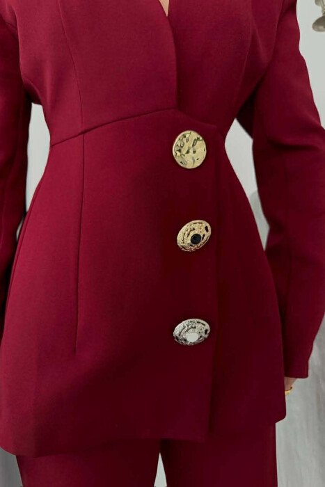 ONE COLOR GOLD BUTTONS JACKET+TROUSERS WOMEN SET BURGUNDY/VISHNJE - 5