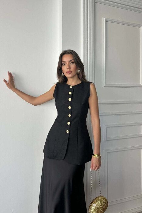 ONE COLOR GOLD BUTTONS LONG WOMEN VEST BLACK/ E ZEZE - KLAUDIO FASHION
