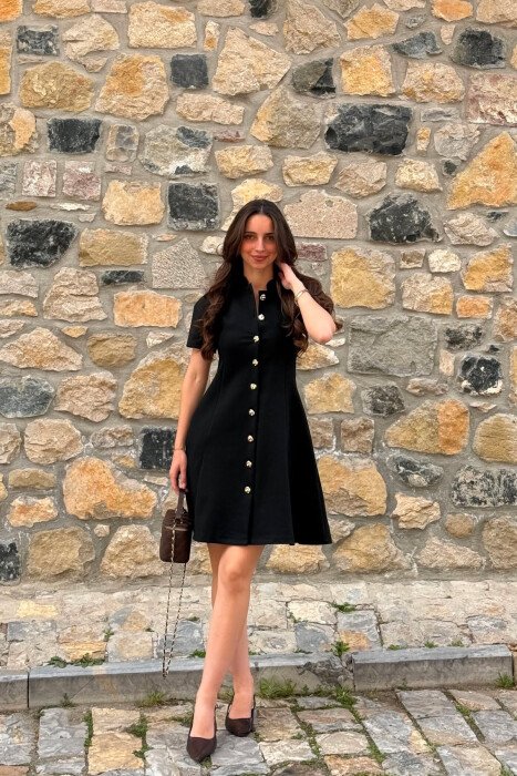 ONE COLOR GOLD BUTTONS SHORT SLEEVE WOMAN DRESS BLACK/ E ZEZE - 1