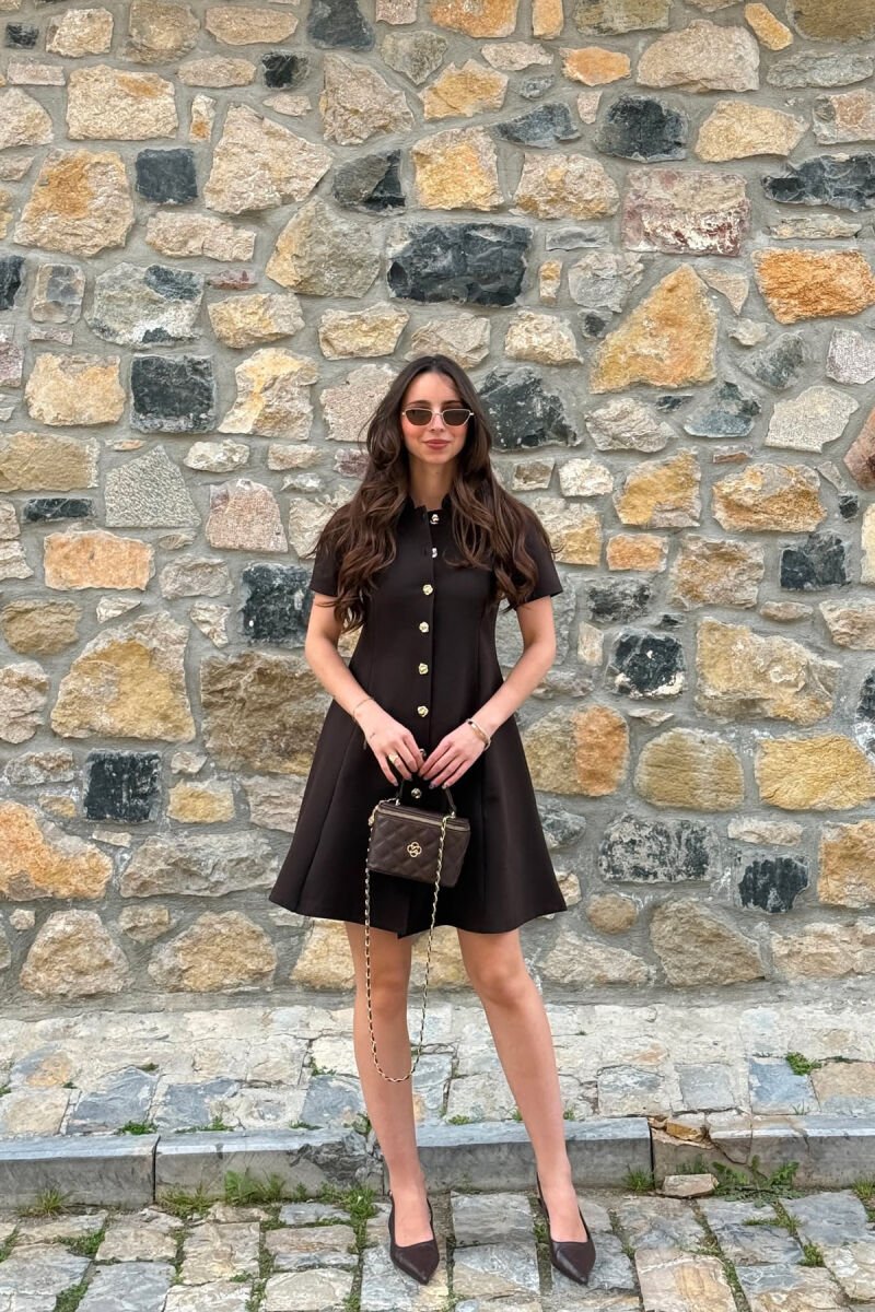 ONE COLOR GOLD BUTTONS SHORT SLEEVE WOMAN DRESS BROWN/KAFE - 2