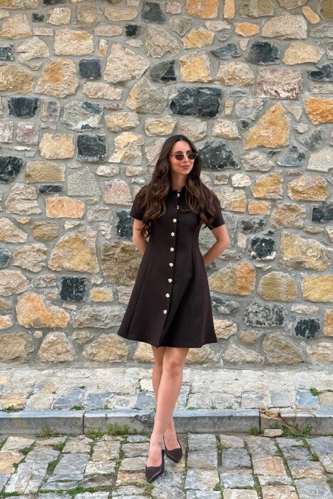 ONE COLOR GOLD BUTTONS SHORT SLEEVE WOMAN DRESS BROWN/KAFE - 5