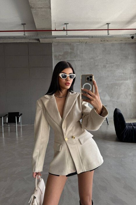 ONE COLOR GOLD BUTTONS SUEDE WOMEN JACKET CREAM/KREM - 3