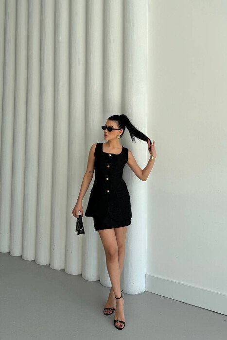 ONE COLOR GOLD BUTTONS VEST + SKIRT WOMAN SET BLACK/ E ZEZE - KLAUDIO FASHION