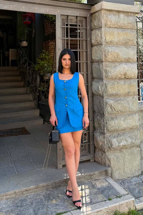 SET NJE NGJYRESH JELEK ME BUTONA GOLD + FUND PER FEMRA NE NGJYRE BLU 