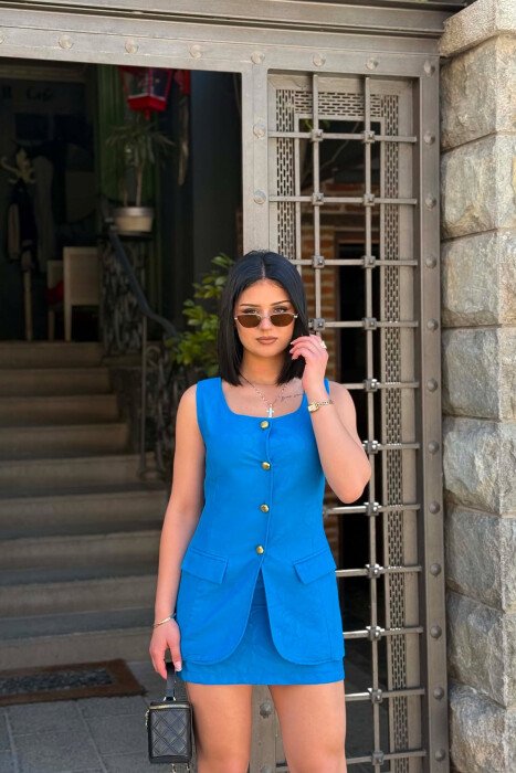 ONE COLOR GOLD BUTTONS VEST + SKIRT WOMAN SET BLUE/BLU - 3