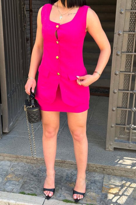 ONE COLOR GOLD BUTTONS VEST + SKIRT WOMAN SET FUCHSIA/CIKLAMI - 4
