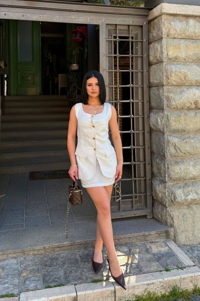 ONE COLOR GOLD BUTTONS VEST + SKIRT WOMAN SET WHITE-E BARDHE - 1
