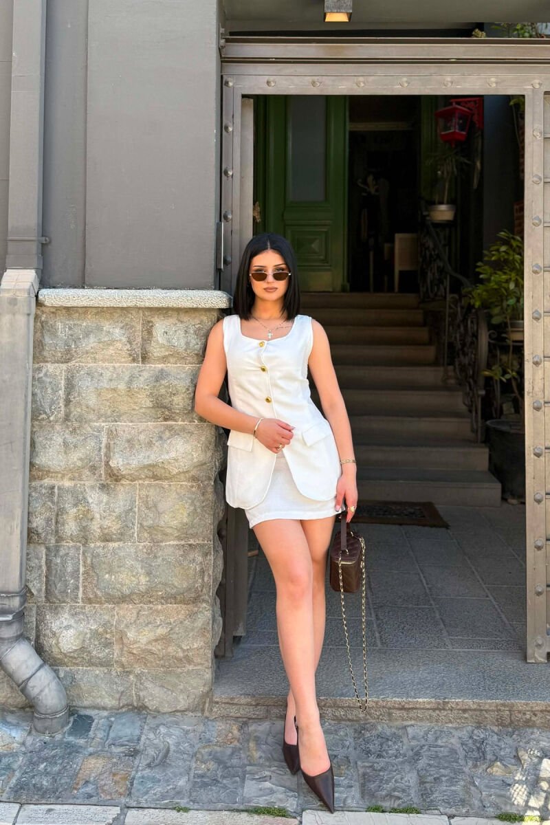 ONE COLOR GOLD BUTTONS VEST + SKIRT WOMAN SET WHITE-E BARDHE - 2