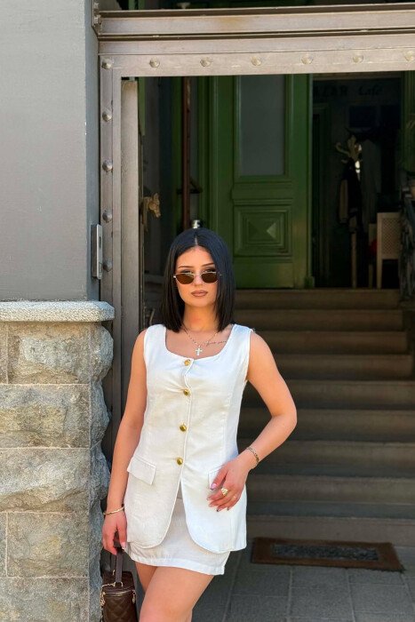 ONE COLOR GOLD BUTTONS VEST + SKIRT WOMAN SET WHITE-E BARDHE - 4