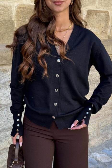 ONE COLOR GOLD BUTTONS WOMAN CARDIGAN BLACK/ E ZEZE - 2
