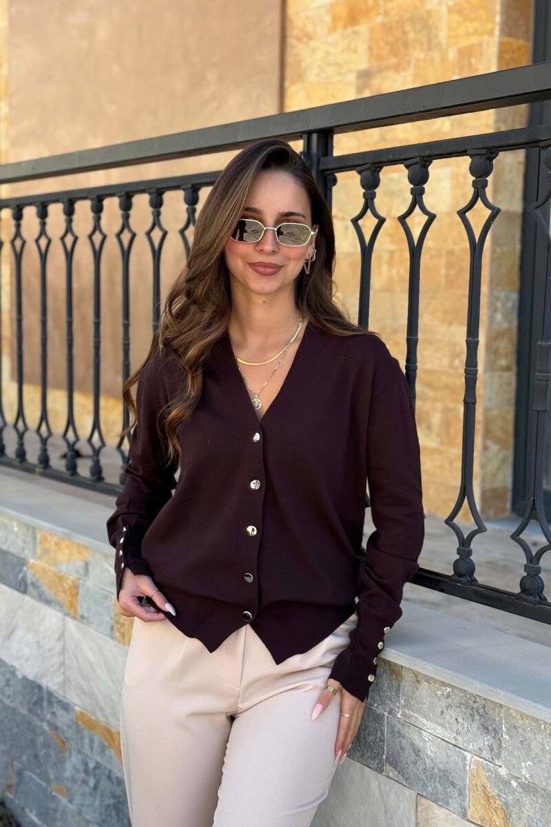 ONE COLOR GOLD BUTTONS WOMAN CARDIGAN BROWN/KAFE - 1