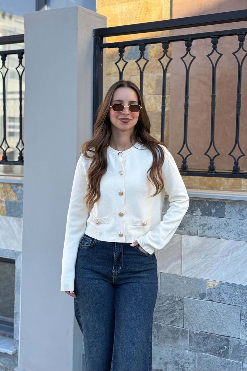 ONE COLOR GOLD BUTTONS WOMAN CARDIGAN CREAM/KREM - 1