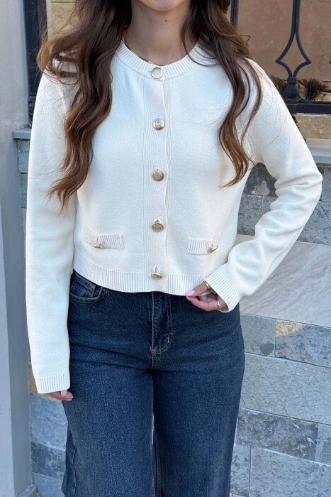 ONE COLOR GOLD BUTTONS WOMAN CARDIGAN CREAM/KREM - 3