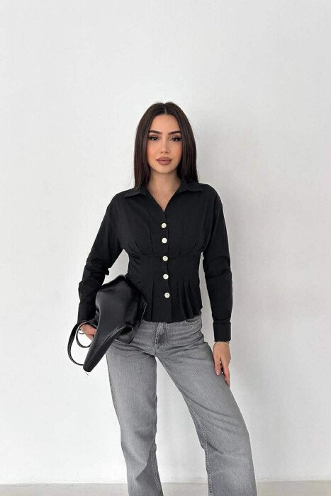 ONE COLOR GOLD BUTTONS WOMAN SHIRT BLACK/ E ZEZE - KLAUDIO FASHION