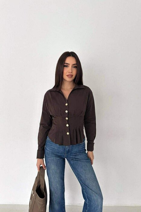 ONE COLOR GOLD BUTTONS WOMAN SHIRT BROWN/KAFE - KLAUDIO FASHION