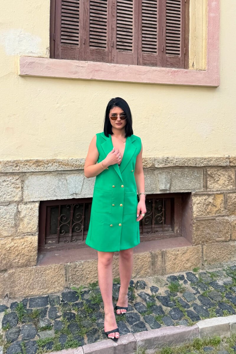 ONE COLOR GOLD BUTTONS WOMAN DRESS GREEN/JESHILE - 4