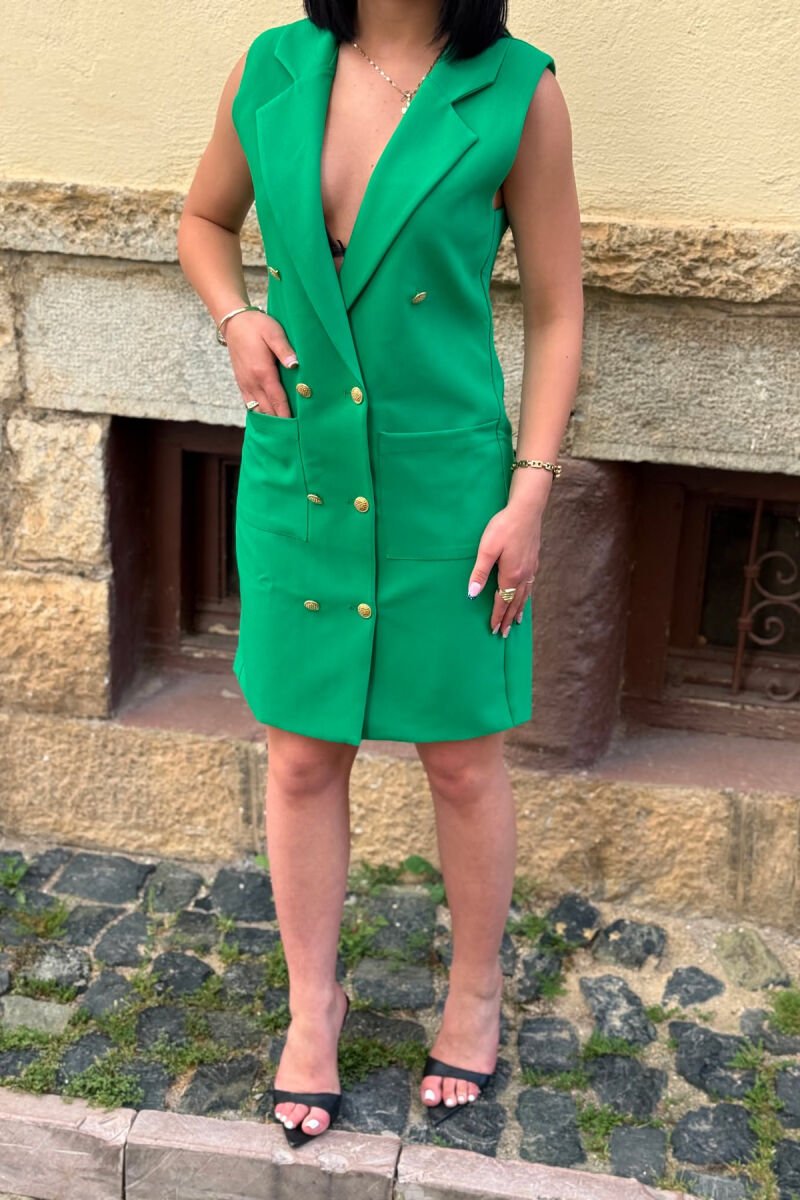 ONE COLOR GOLD BUTTONS WOMAN DRESS GREEN/JESHILE - 5