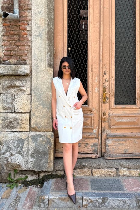 ONE COLOR GOLD BUTTONS WOMAN DRESS WHITE-E BARDHE - 3