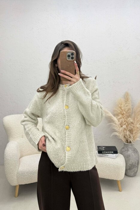 ONE COLOR GOLD BUTTONS WOMEN CARDIGAN CREAM/KREM - 1