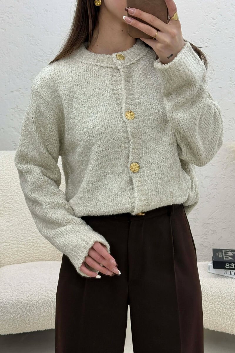 ONE COLOR GOLD BUTTONS WOMEN CARDIGAN CREAM/KREM - 4