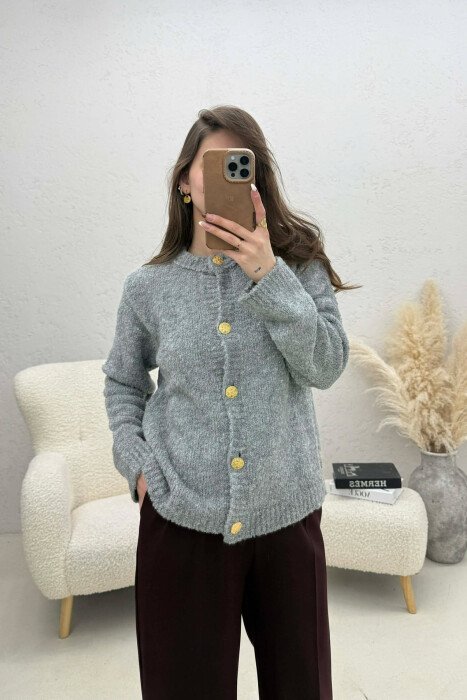 ONE COLOR GOLD BUTTONS WOMEN CARDIGAN GREY/GRI 