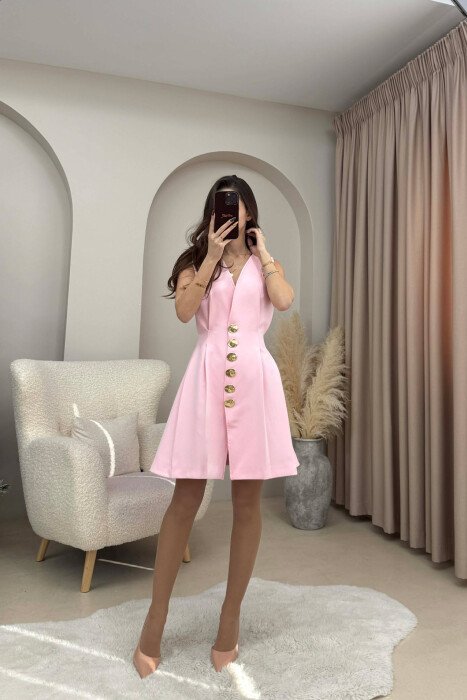 ONE COLOR GOLD BUTTONS WOMEN DRESS PINK/ROZE - 2