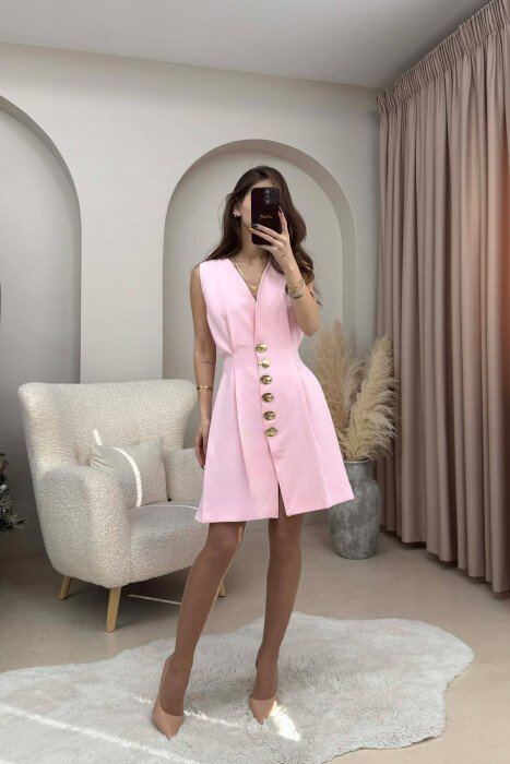 ONE COLOR GOLD BUTTONS WOMEN DRESS PINK/ROZE - 3