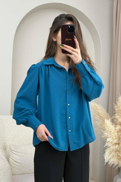 ONE COLOR GOLD BUTTONS WOMEN SHIRT BLUE STONE/GK - 1