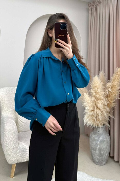 ONE COLOR GOLD BUTTONS WOMEN SHIRT BLUE STONE/GK - 3