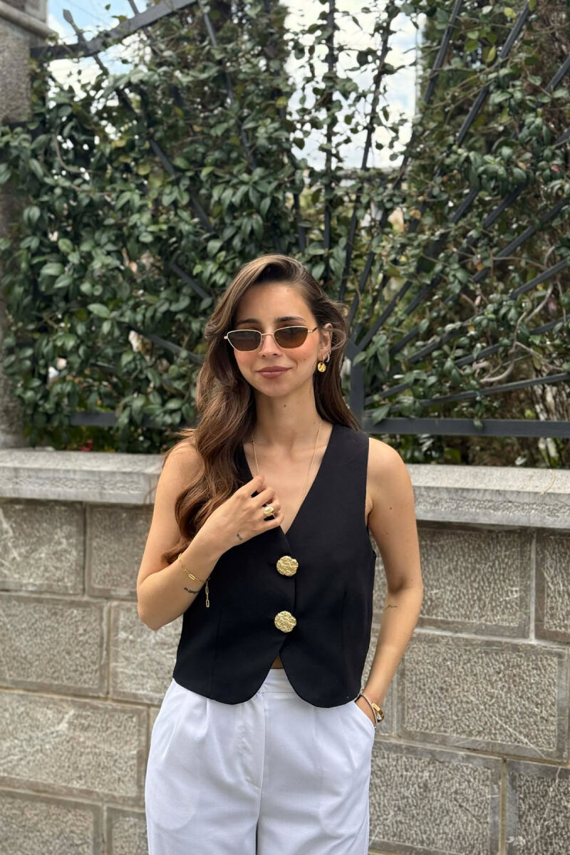 ONE COLOR GOLD BUTTONS WOMEN VEST BLACK/ E ZEZE - 1