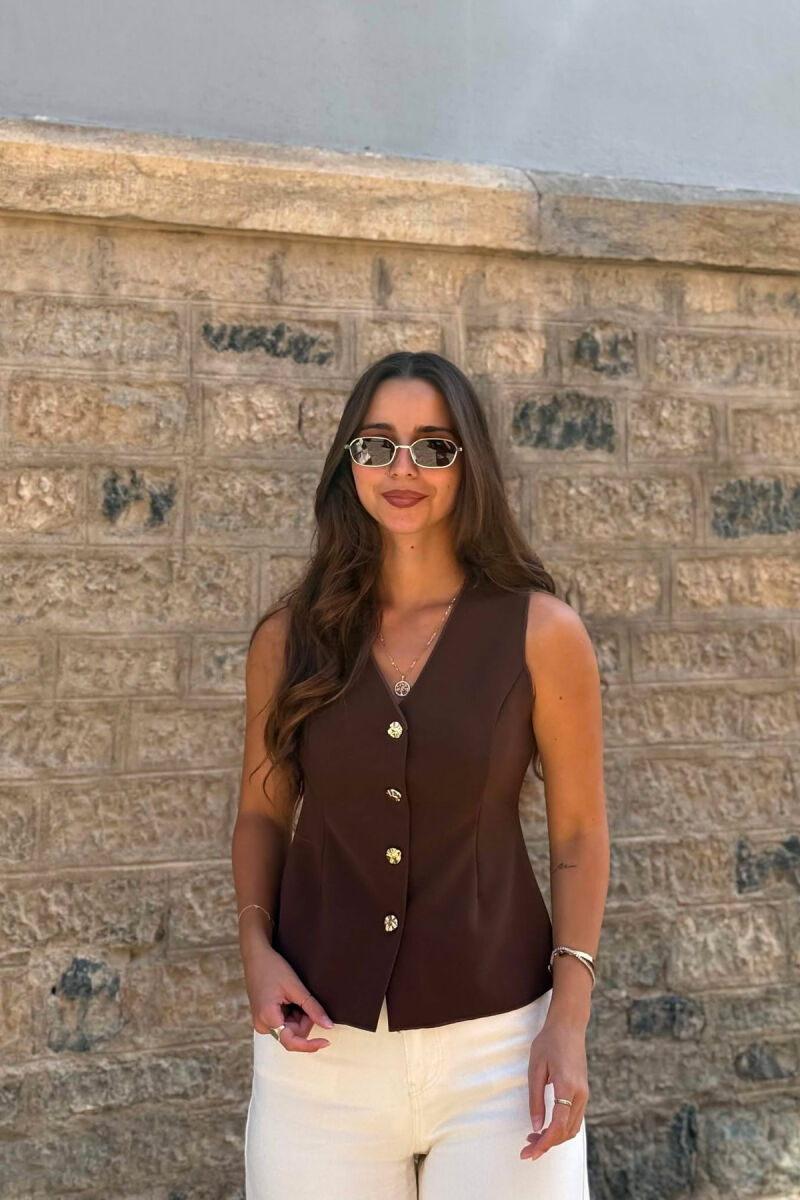 ONE COLOR GOLD BUTTONS WOMEN VEST BROWN/KAFE - 1
