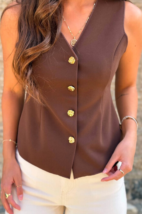 ONE COLOR GOLD BUTTONS WOMEN VEST BROWN/KAFE - 2