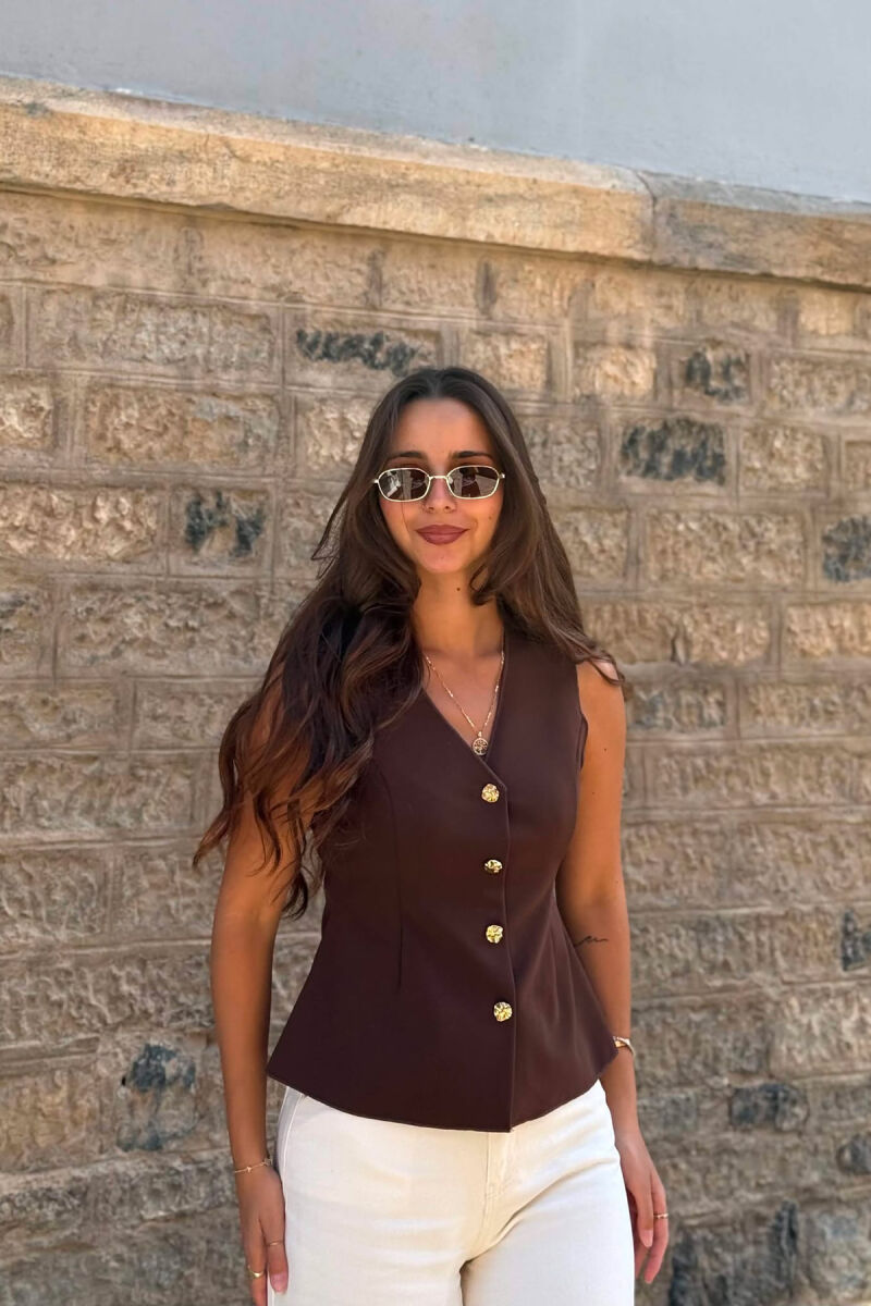 ONE COLOR GOLD BUTTONS WOMEN VEST BROWN/KAFE - 5
