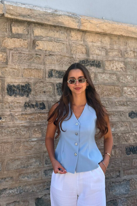 ONE COLOR GOLD BUTTONS WOMEN VEST LIGHTBLUE/BZ - KLAUDIO FASHION