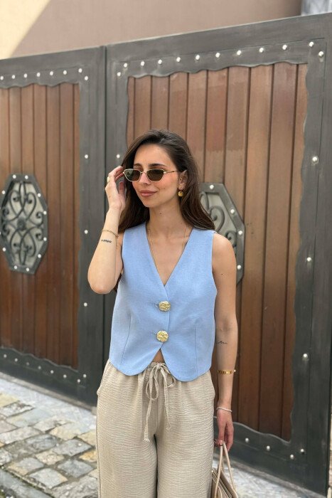 ONE COLOR GOLD BUTTONS WOMEN VEST LIGHTBLUE/BZ - 1