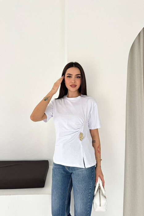ONE COLOR GOLD DETAIL WOMAN T-SHIRT WHITE-E BARDHE - KLAUDIO FASHION