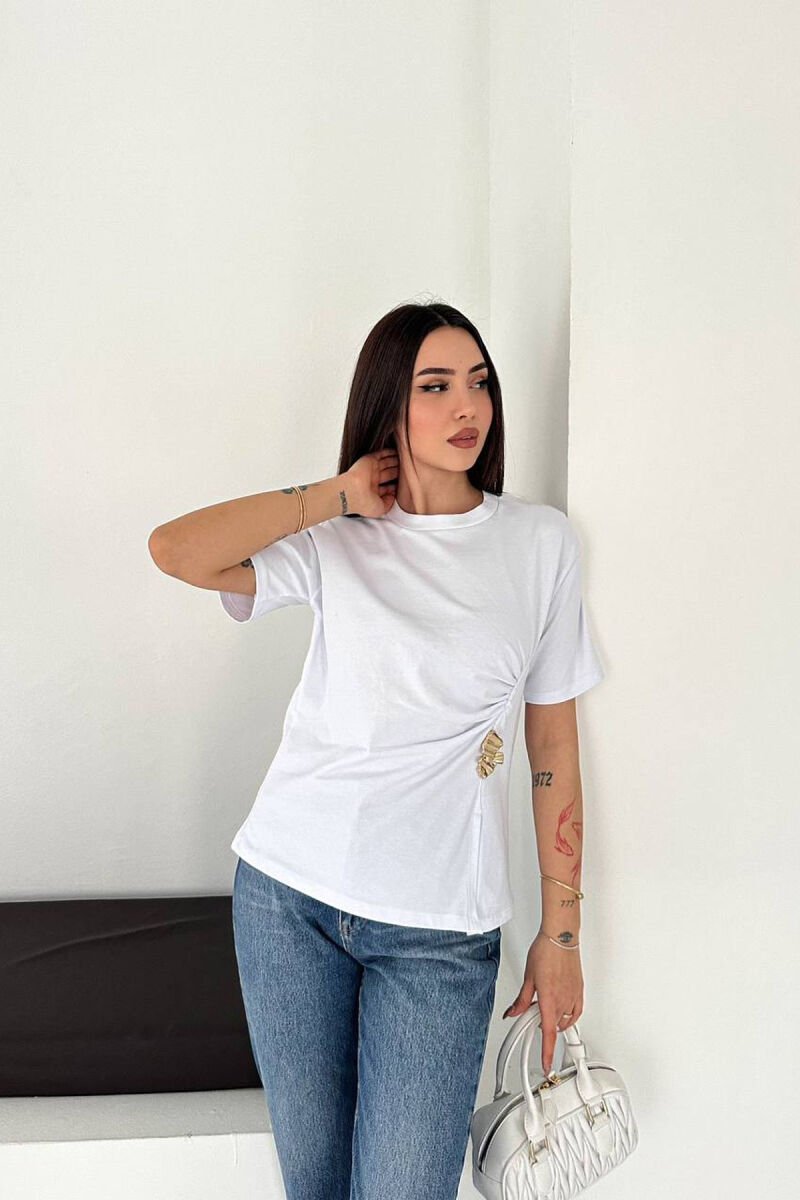 ONE COLOR GOLD DETAIL WOMAN T-SHIRT WHITE-E BARDHE - 2