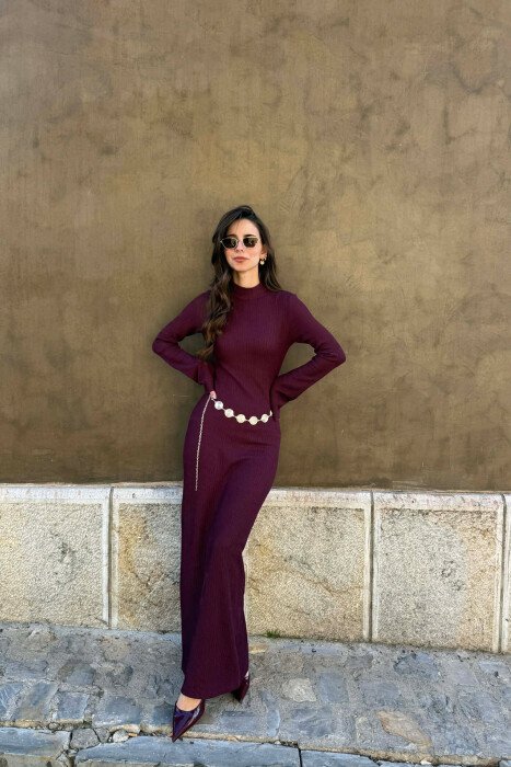 ONE COLOR GOLDEN BELT DETAIL LONG SLEEVE WOMAN DRESS BURGUNDY/VISHNJE 