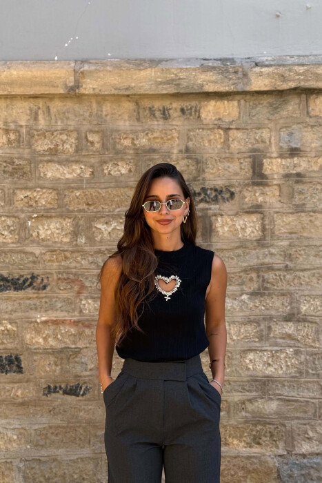 ONE COLOR HEART DETAIL WOMAN TANK TOP BLACK/ E ZEZE - KLAUDIO FASHION