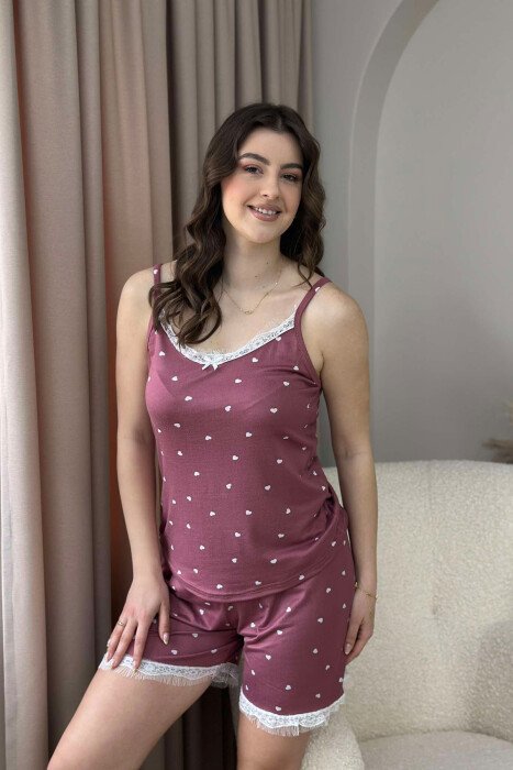 ONE COLOR HEART DETAILS TANK TOP+SHORTS WOMEN PYJAMAS BURGUNDY/VISHNJE - 1