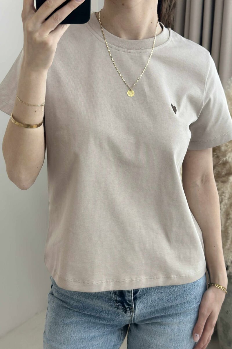ONE COLOR HEART LOGO SIMPLE WOMEN T-SHIRT BEIGE/BEZHE - 2