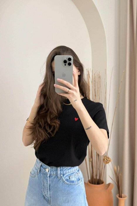 ONE COLOR HEART LOGO SIMPLE WOMEN T-SHIRT BLACK/ E ZEZE - 2