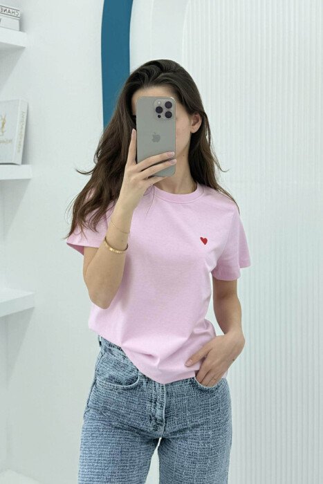 ONE COLOR HEART LOGO SIMPLE WOMEN T-SHIRT PINK/ROZE - 1