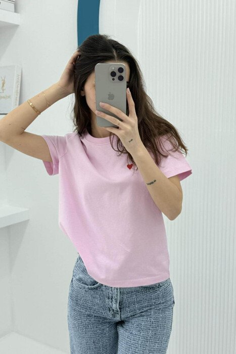 ONE COLOR HEART LOGO SIMPLE WOMEN T-SHIRT PINK/ROZE - 4