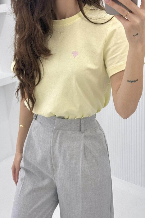 ONE COLOR HEART LOGO SIMPLE WOMEN T-SHIRT YELLOW/E VERDHE - 3